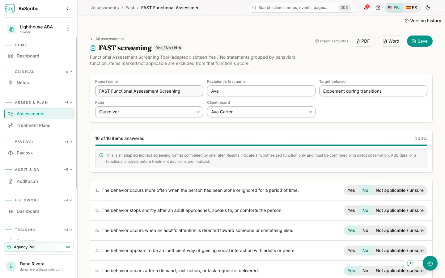 A completed FAST screening with all 16 items answered.