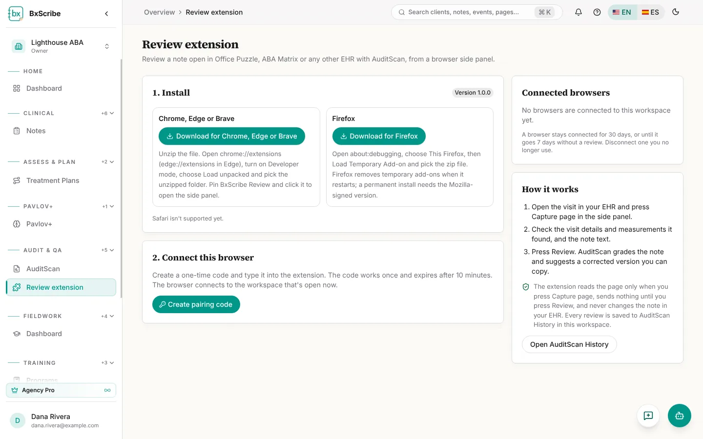 The Review extension page with install and pairing steps.