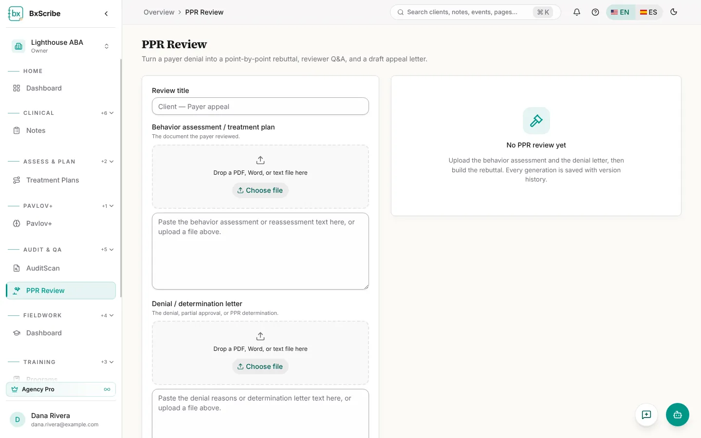 PPR Review with the assessment and denial letter upload areas.