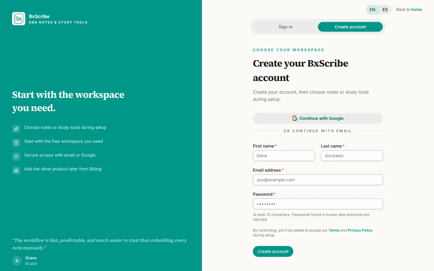 La pestaña Crear cuenta con el registro con Google y los campos de nombre, correo electrónico y contraseña.