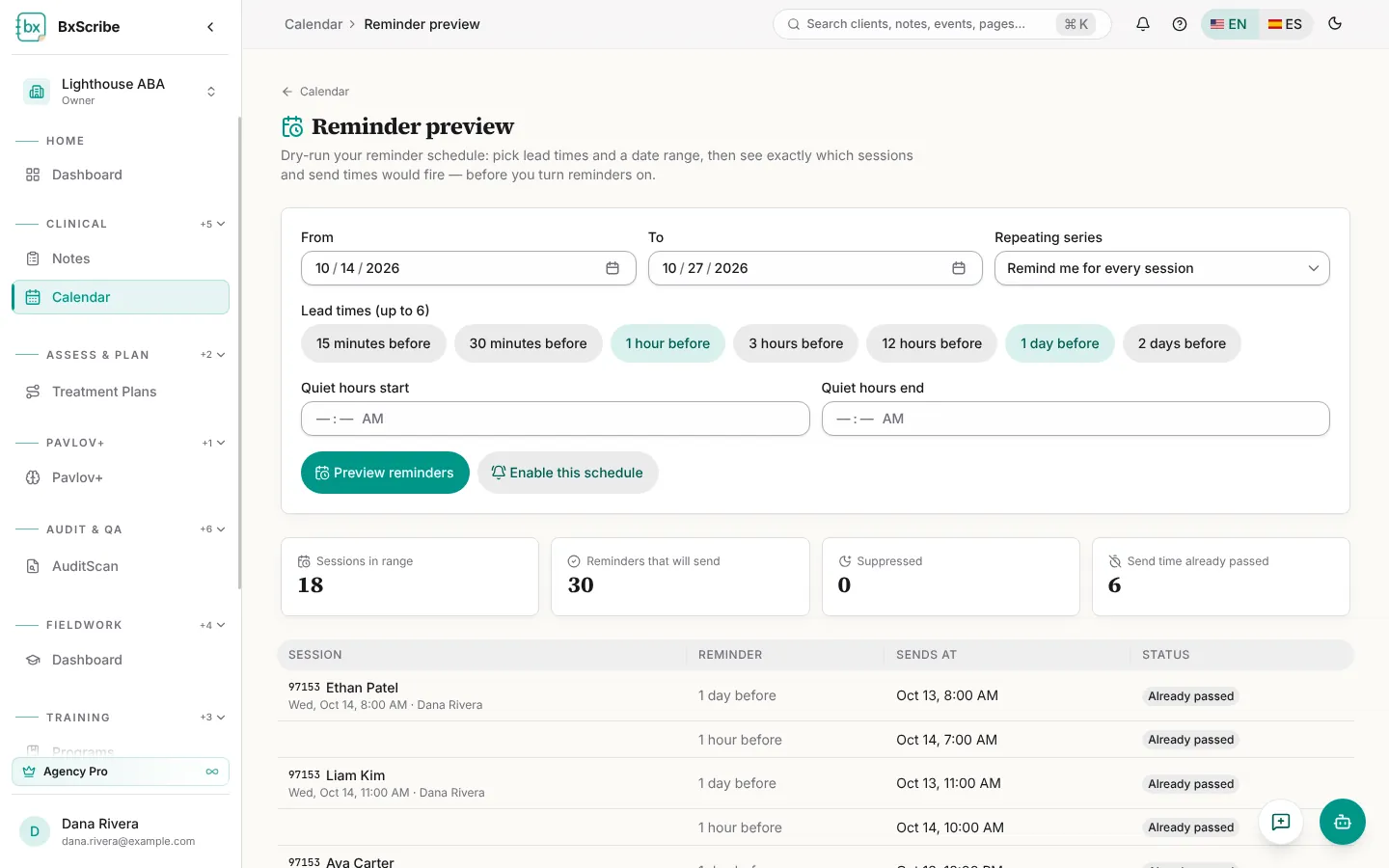 Reminder preview showing which reminders will send.