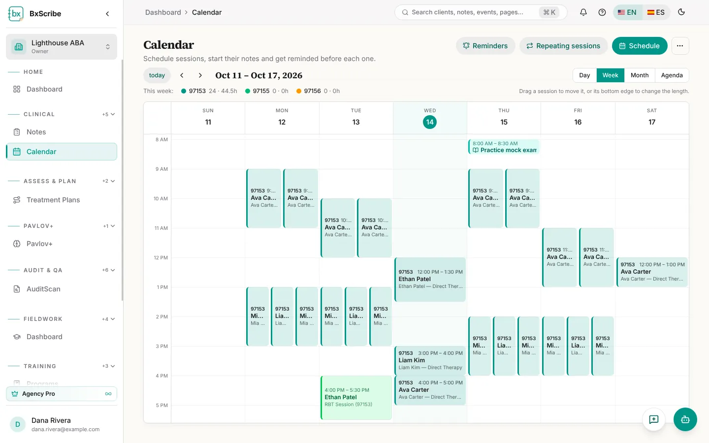 The week view with sessions colour-coded by service code.