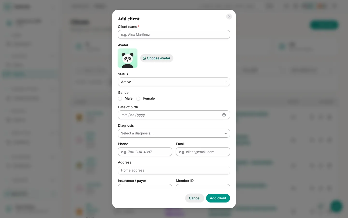 The Add client form.