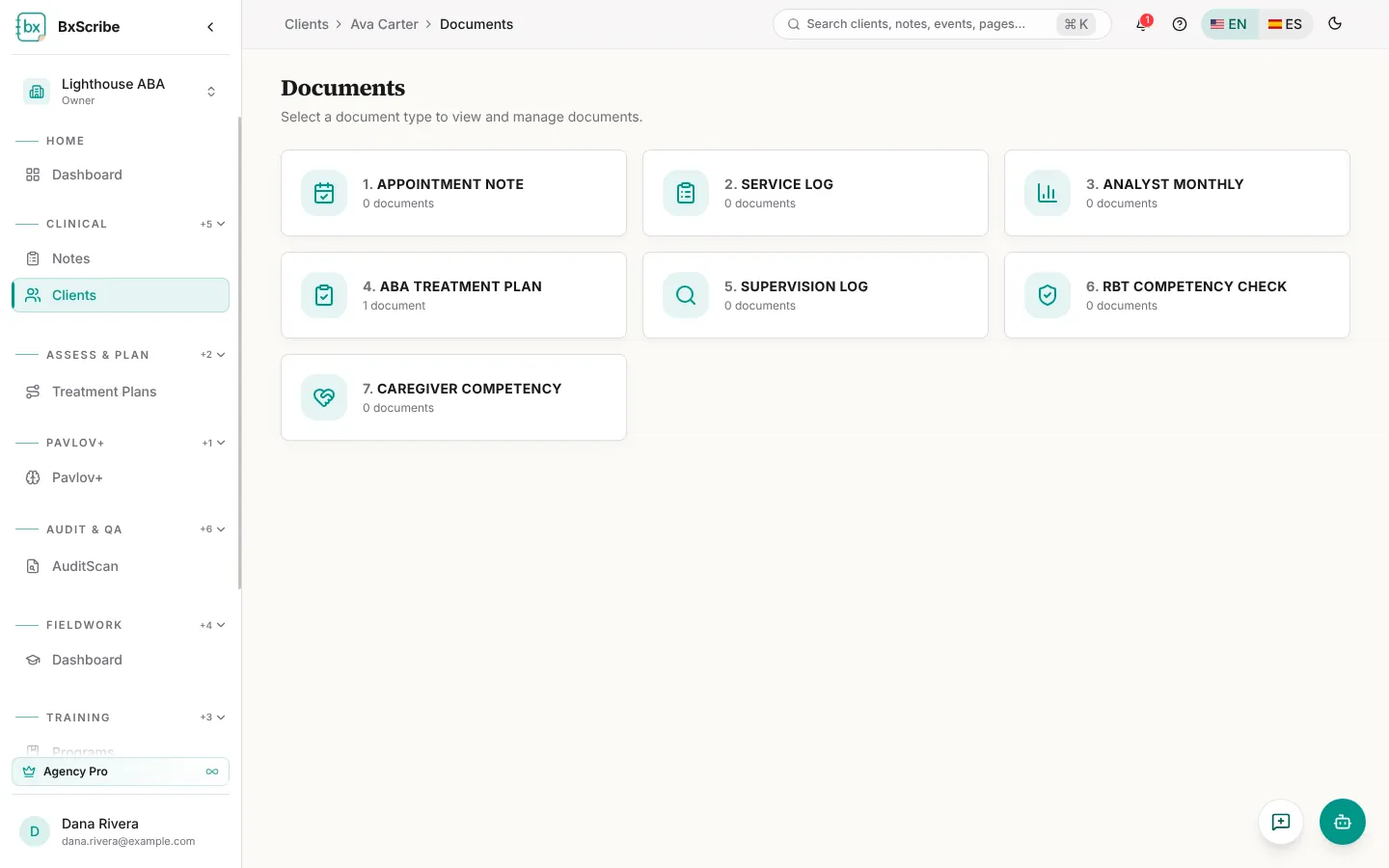 The Documents page listing document types.