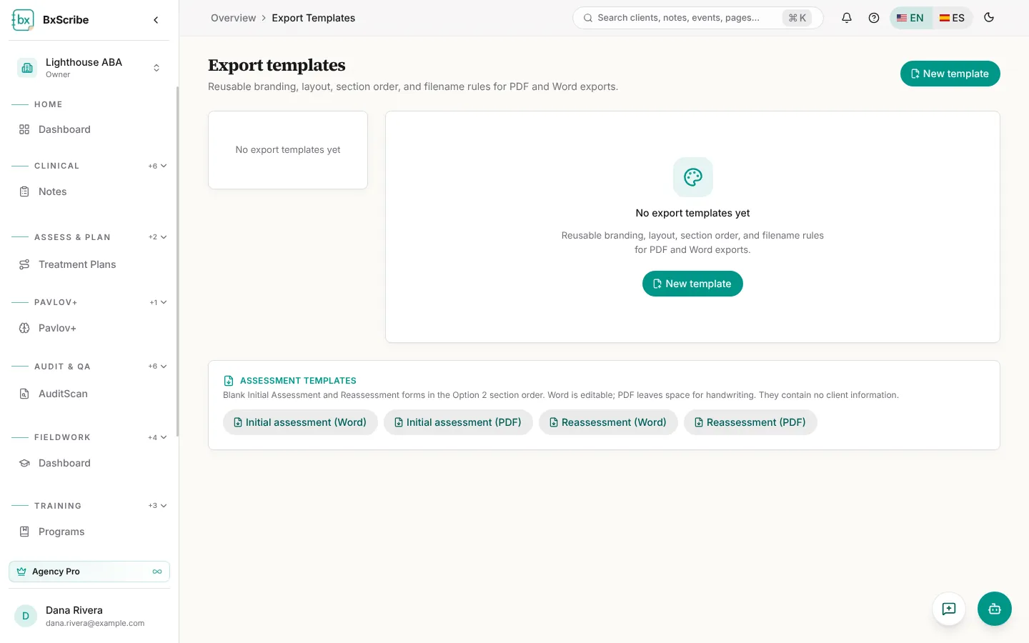 The Export templates page.