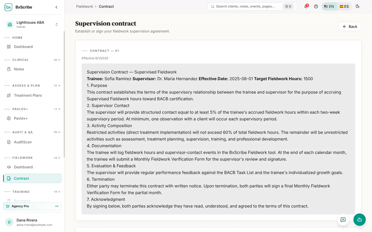 A supervision contract with the effective date and contract text.