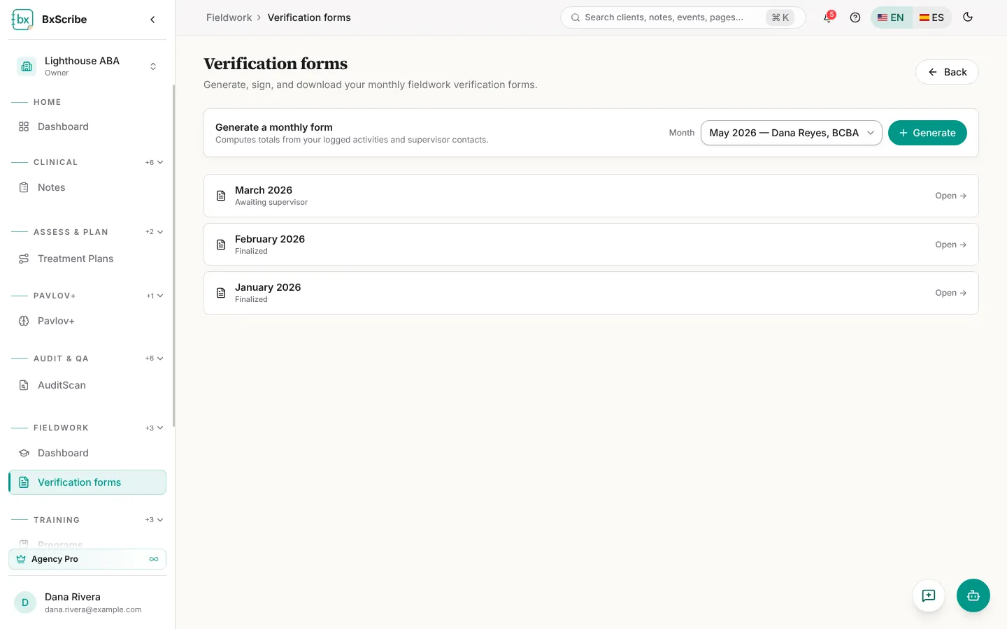 Verification forms with the Generate a monthly form card.