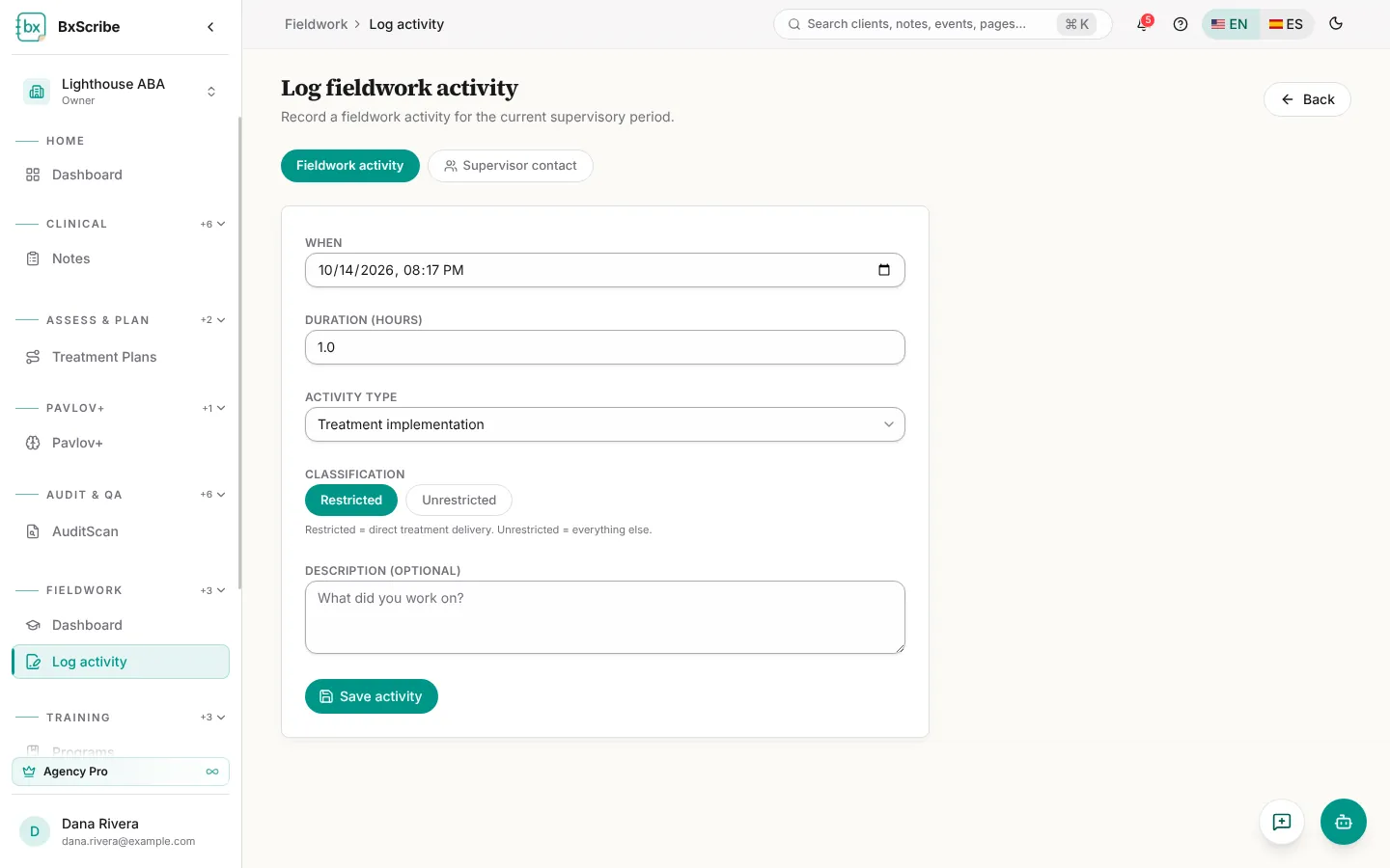 Log fieldwork activity with date, duration, activity type and classification.