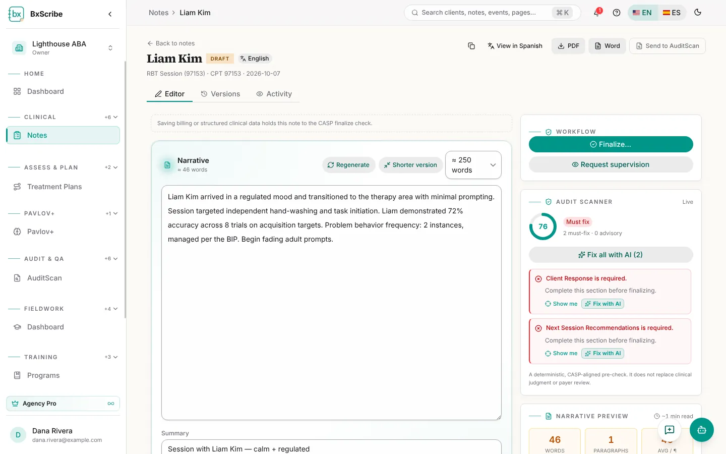 The note editor with the narrative, workflow panel and live audit scanner.