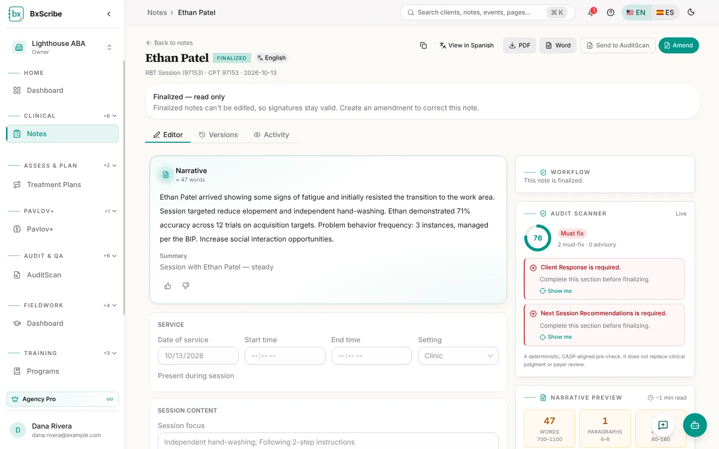 A finalized note in read-only mode with the Amend button.