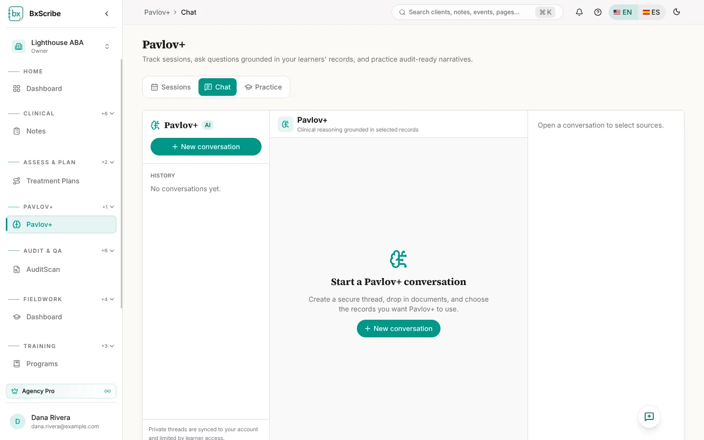 The Pavlov+ Chat tab with conversation history and the clinical sources panel.