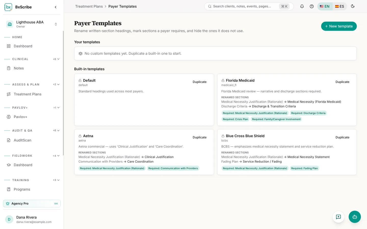 Payer Templates with the built-in templates.