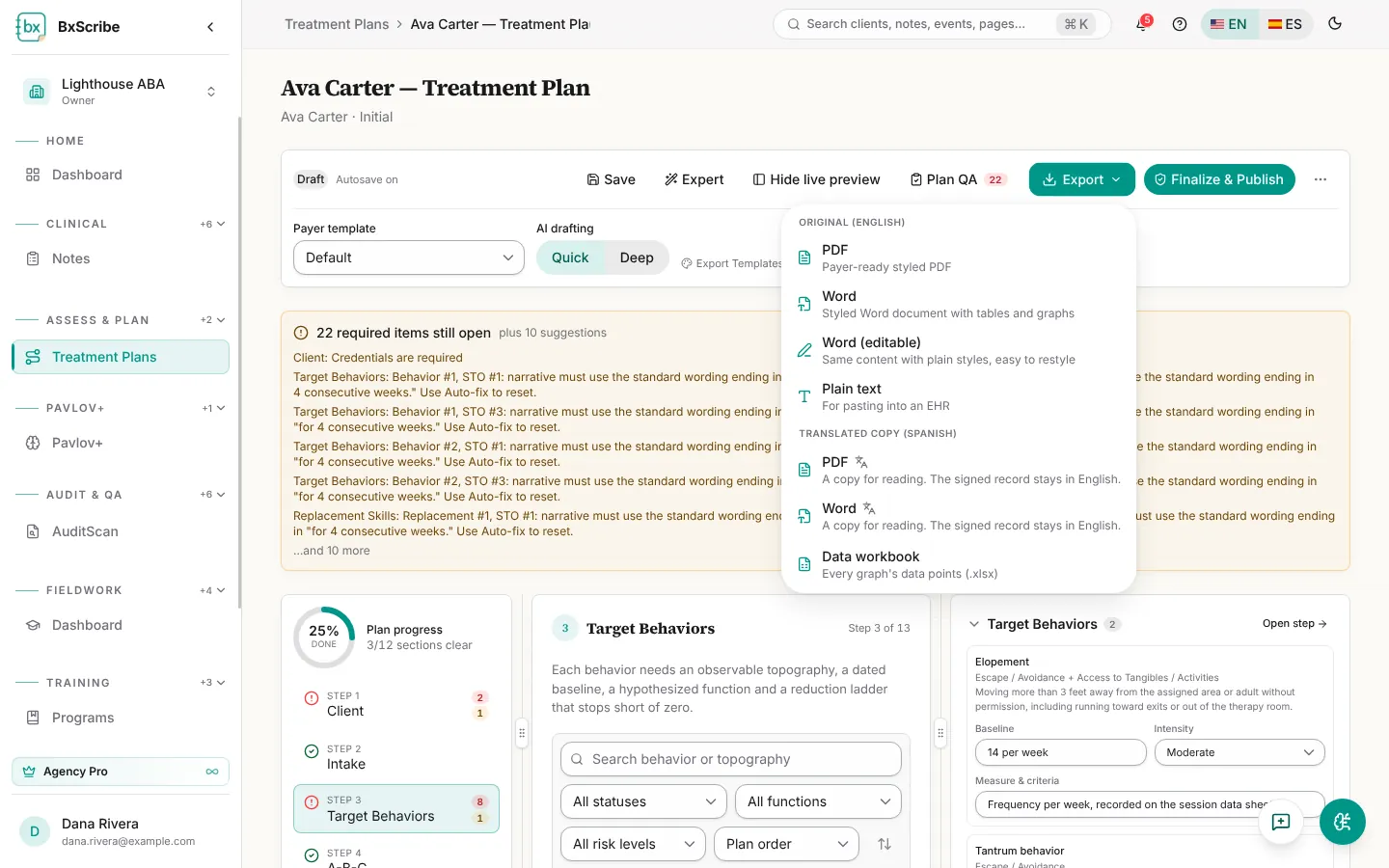 The Export menu with PDF, Word, plain text, translated copy and data workbook.