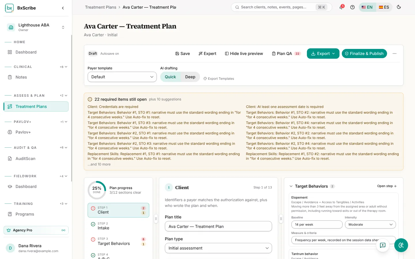 The Plan Builder showing the step list, the Client step and the live preview.
