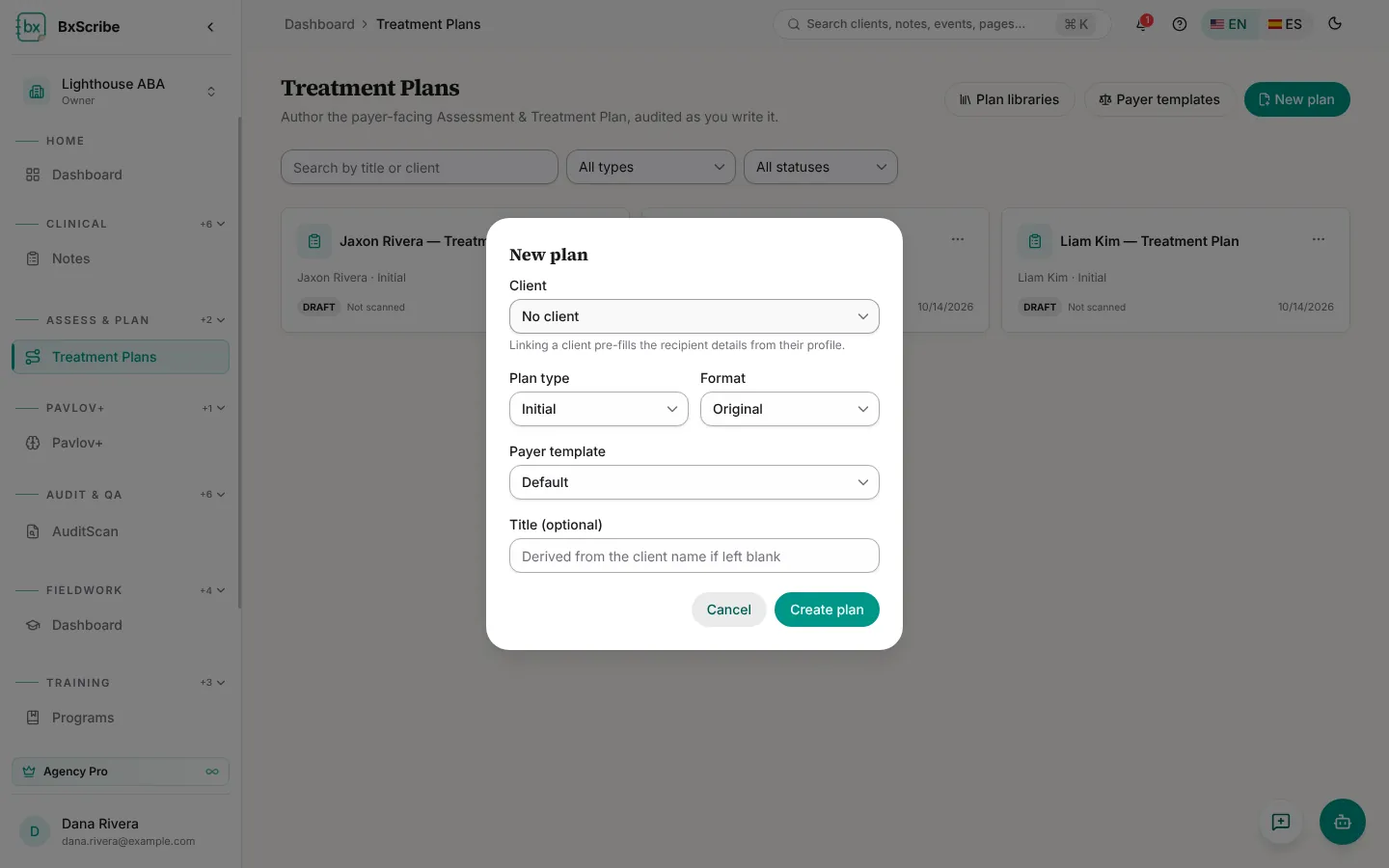 The New plan dialog.