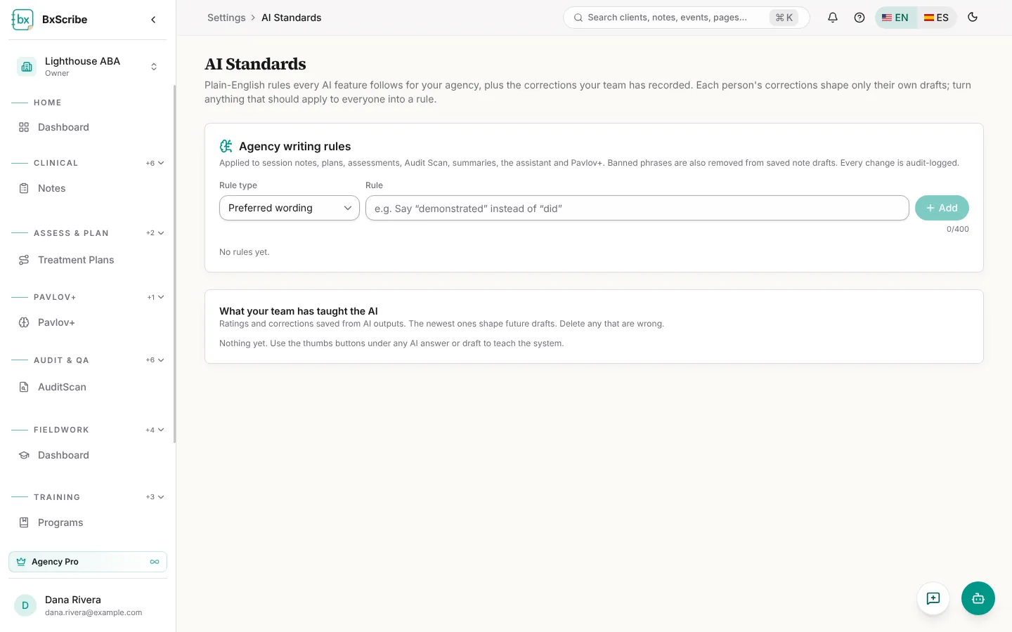 AI Standards with a writing rule form.