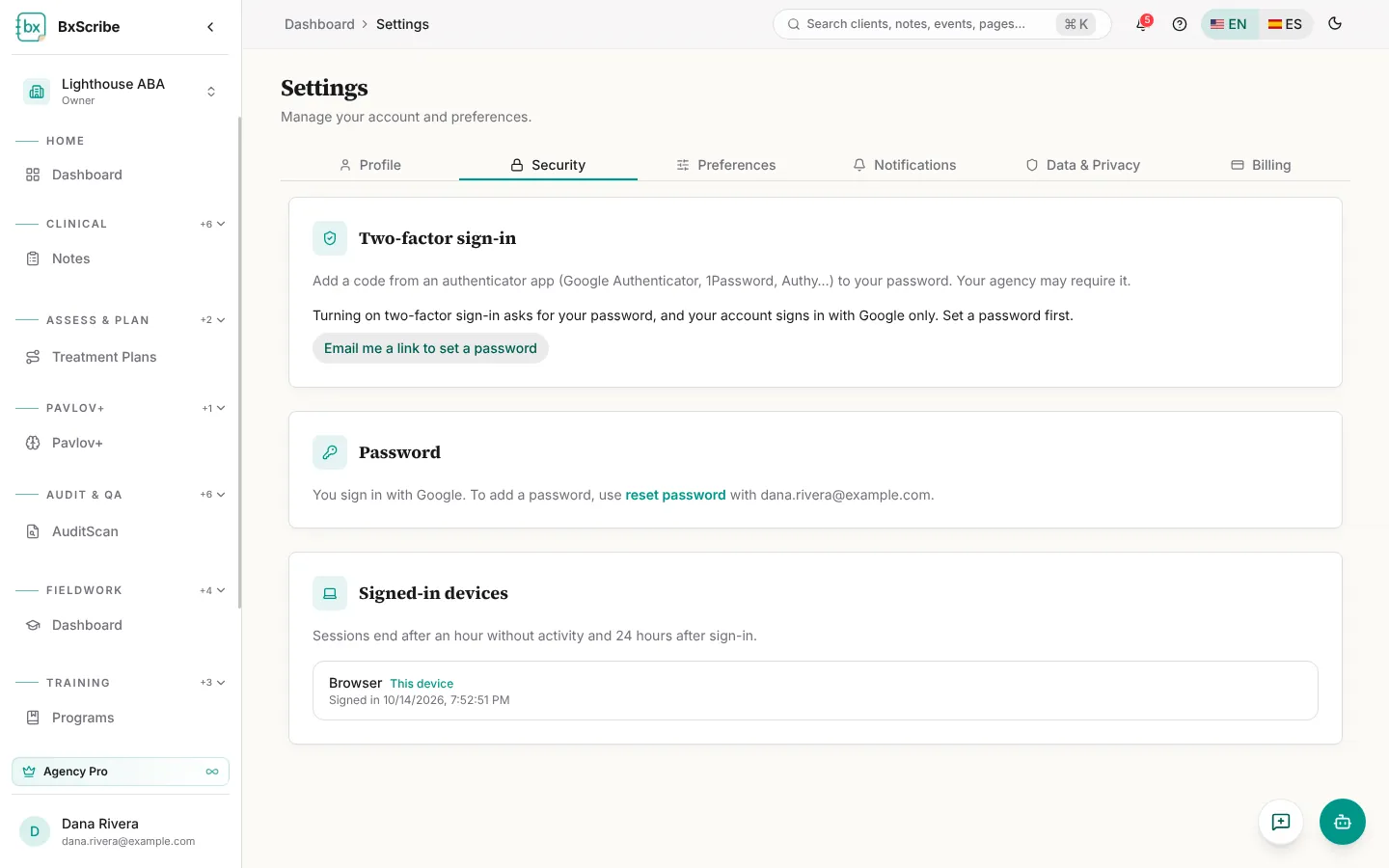 Settings → Security with two-factor sign-in, password and signed-in devices.