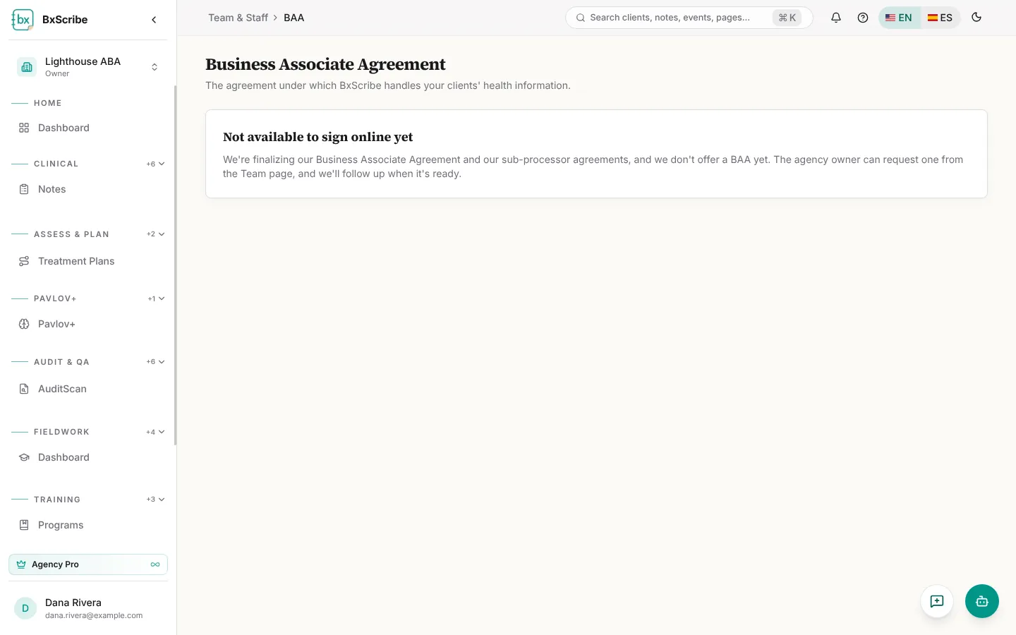 The Business Associate Agreement page.