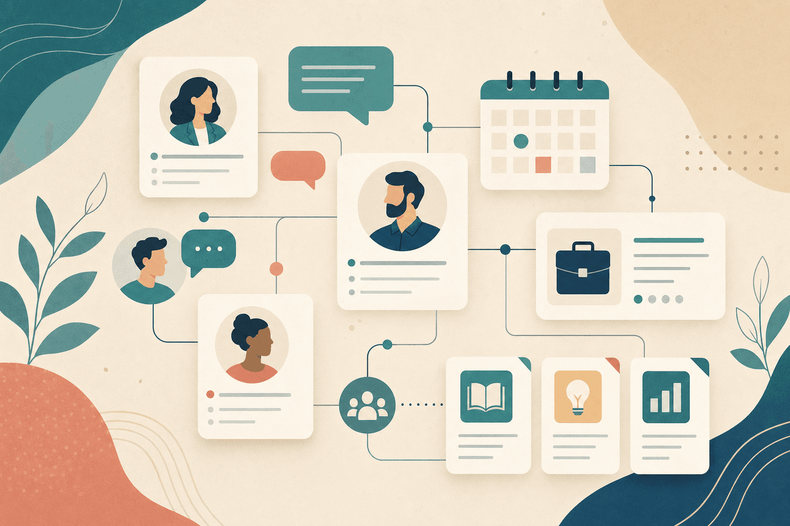 Stylized ABA professional community board with profile cards, message bubbles, a calendar, and resource cards.