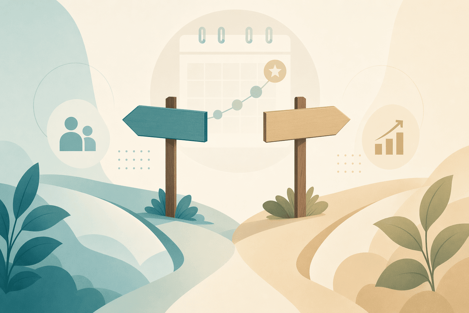 Two career path signposts branching left and right with a calendar backdrop.