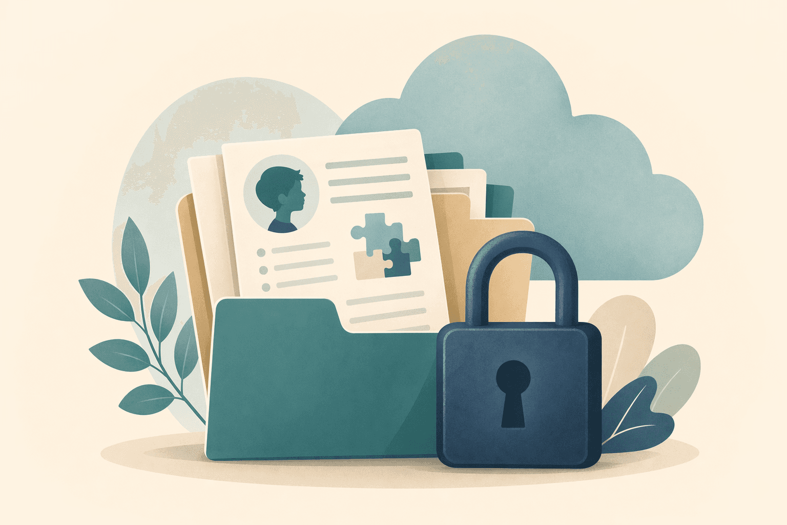 Stylized padlock over a folder of patient records and a cloud, representing HIPAA-aligned ABA documentation.