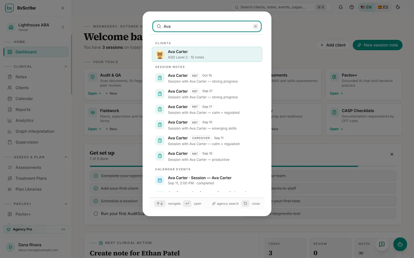The command palette searching for Ava, showing her client record, notes and calendar events.