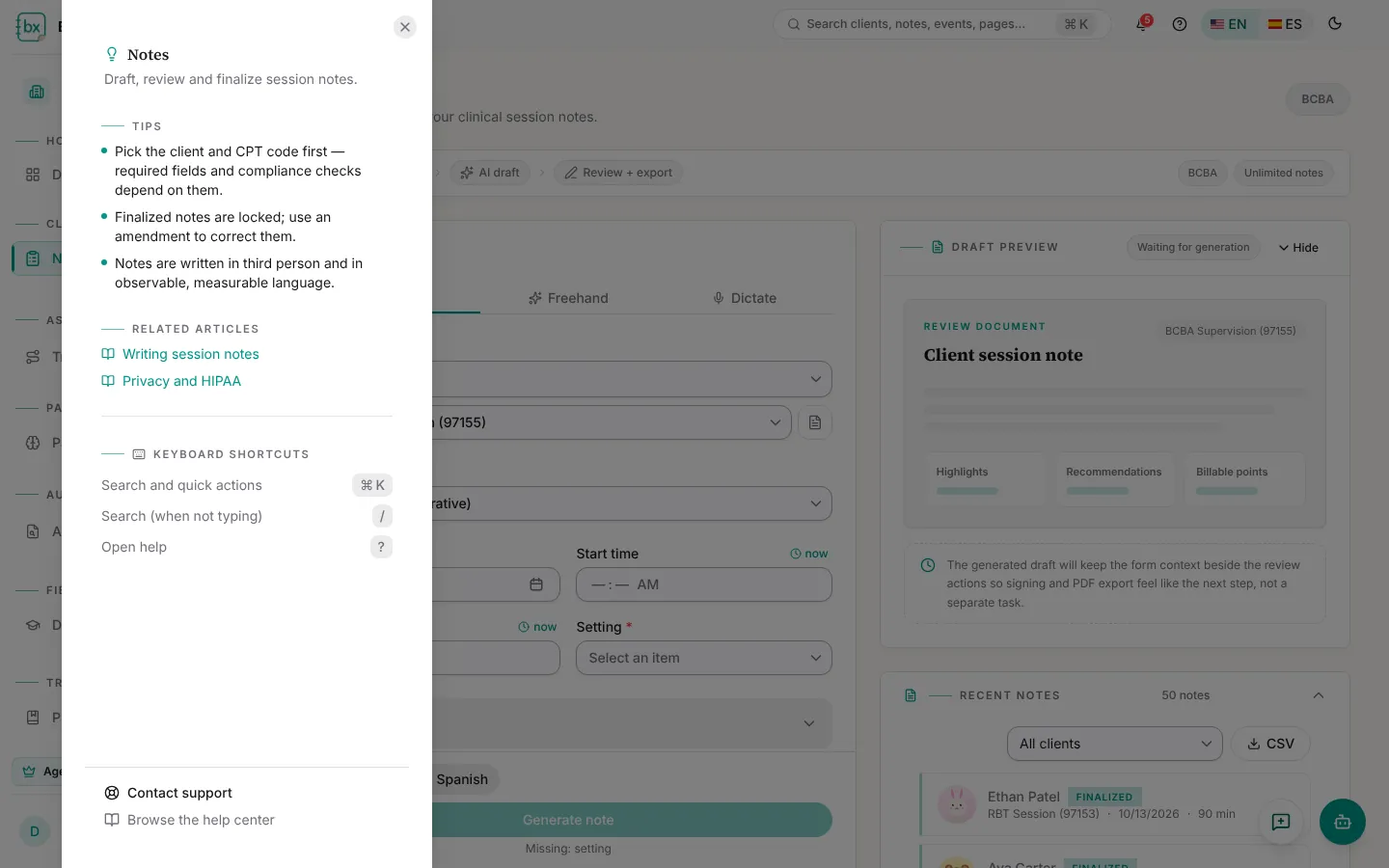 The help drawer on the Notes page with tips, related articles and keyboard shortcuts.