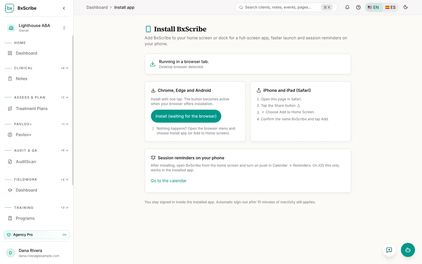 The Install BxScribe page with steps for Chrome, Edge, Android, iPhone and iPad.
