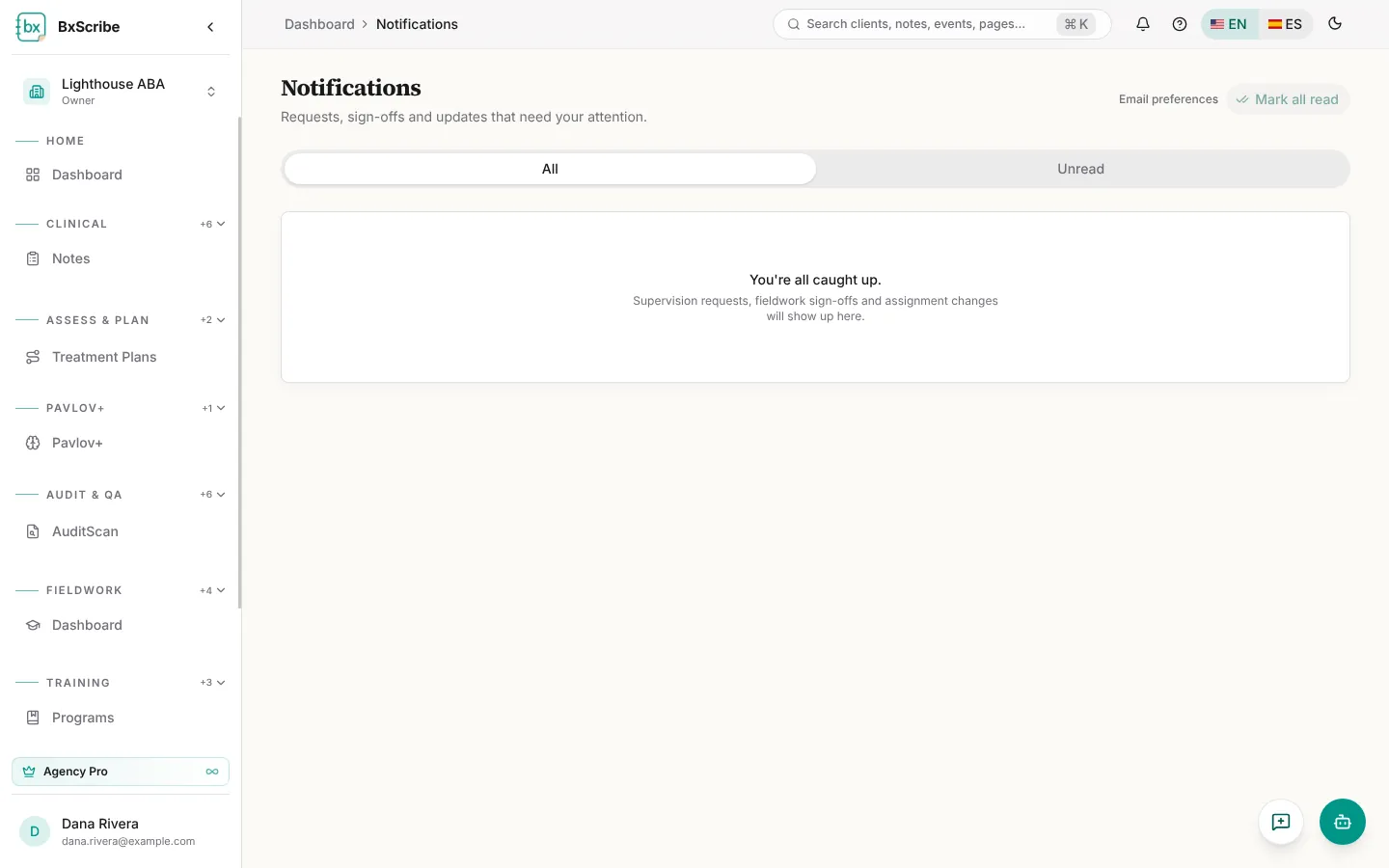 The Notifications page with All and Unread tabs.