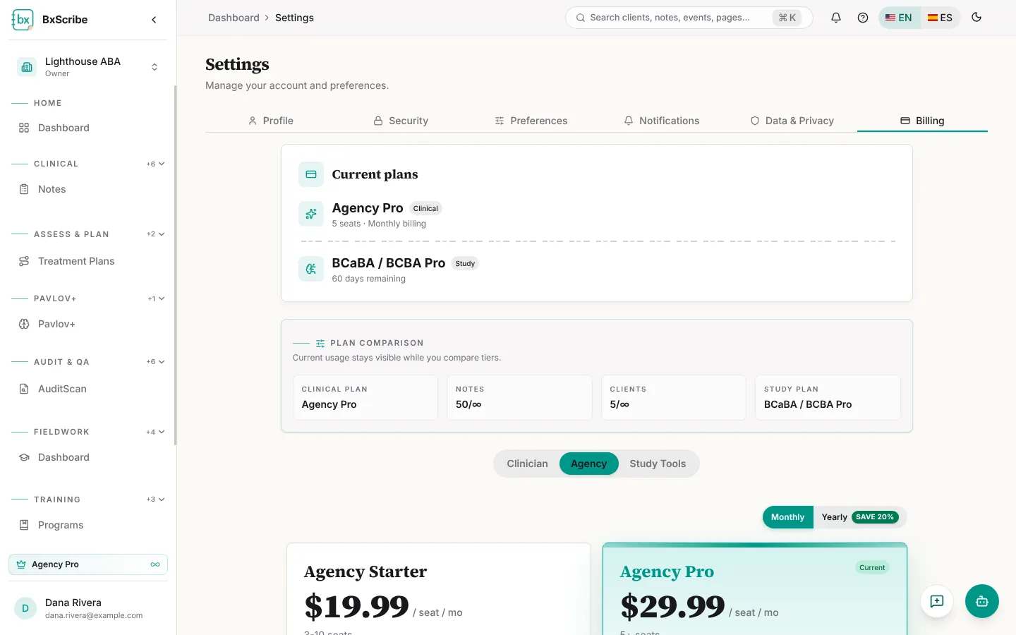 Configuración → Facturación con los planes actuales y la comparación de planes.