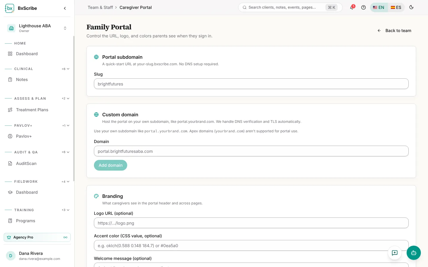Family Portal settings: subdomain, custom domain and branding.