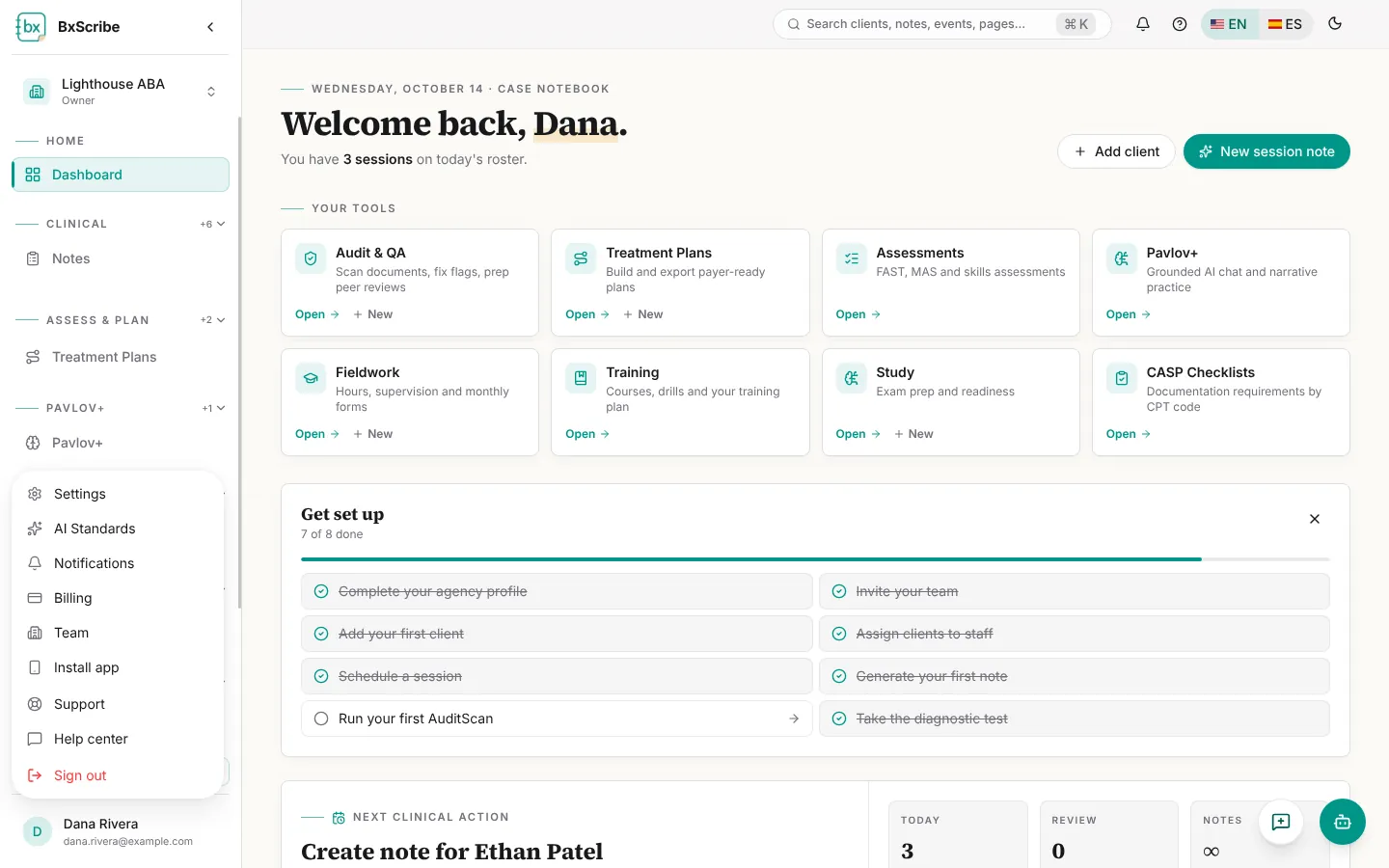 The account menu open above the user's name.