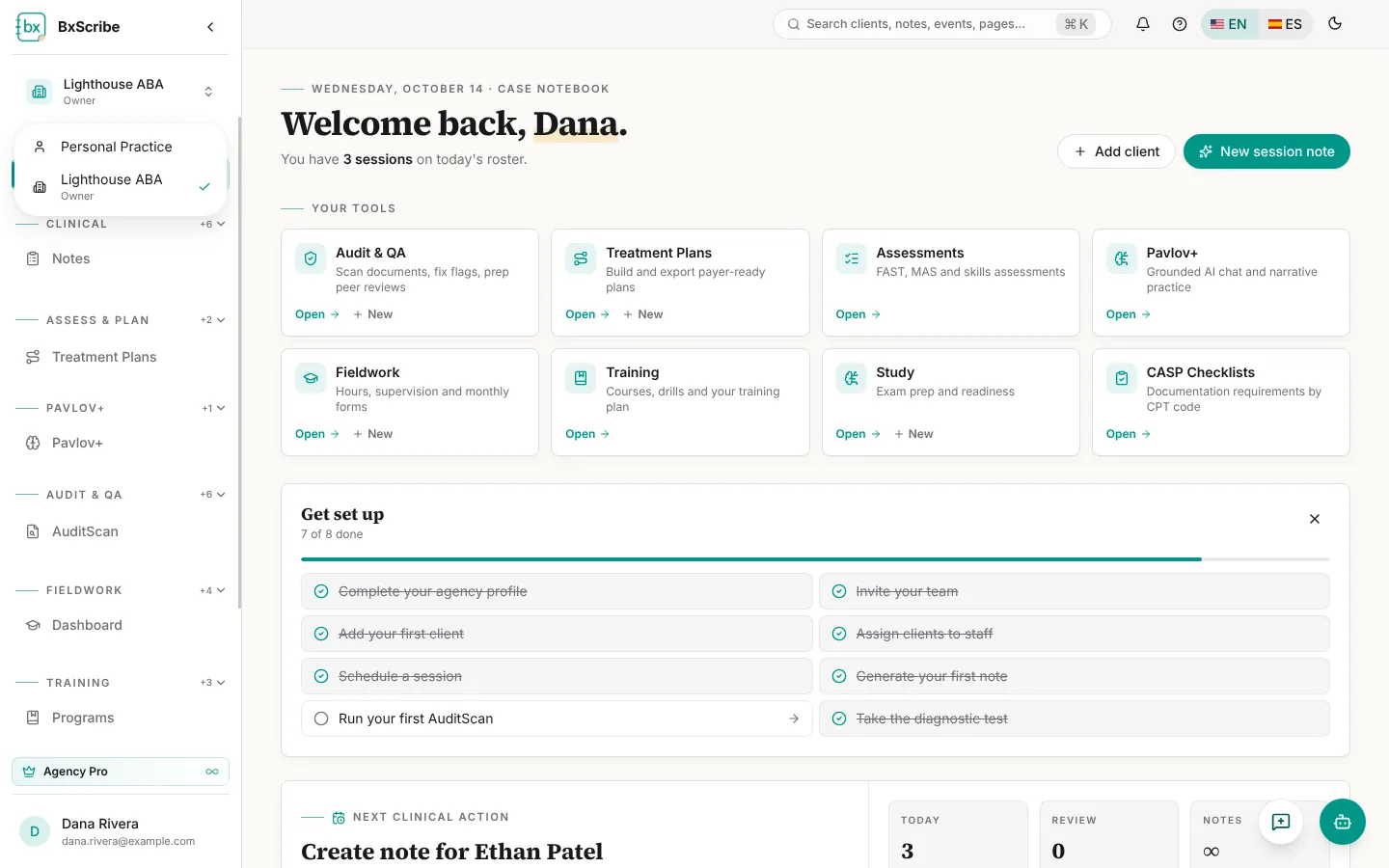 The workspace switcher open, listing Personal Practice and Lighthouse ABA.