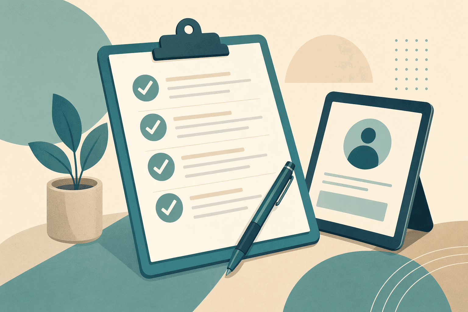 Clipboard with an RBT competency checklist and a pen, with a stylized tablet alongside.