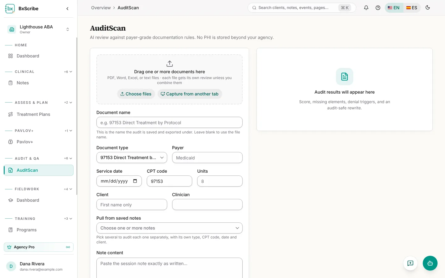 AuditScan con el área de carga, los datos del documento y el panel de resultados.