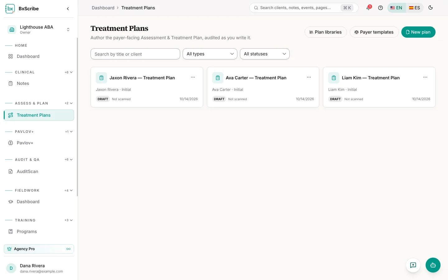 La lista de Planes de tratamiento con tres planes en borrador.