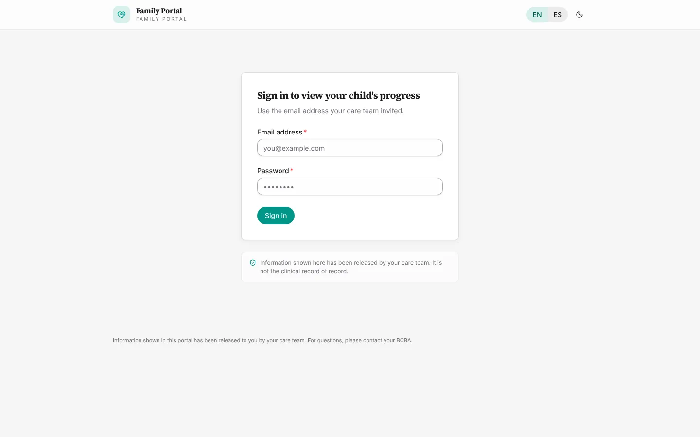 La página de inicio de sesión del portal familiar.